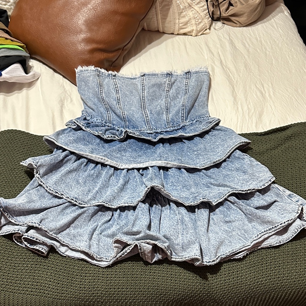 Forever 21 Light Blue Acid-Wash Strapless Ruffle Denim Dress